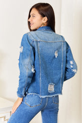 Trendy Leopard Floral Distressed Raw Hem Denim Jacket for Women